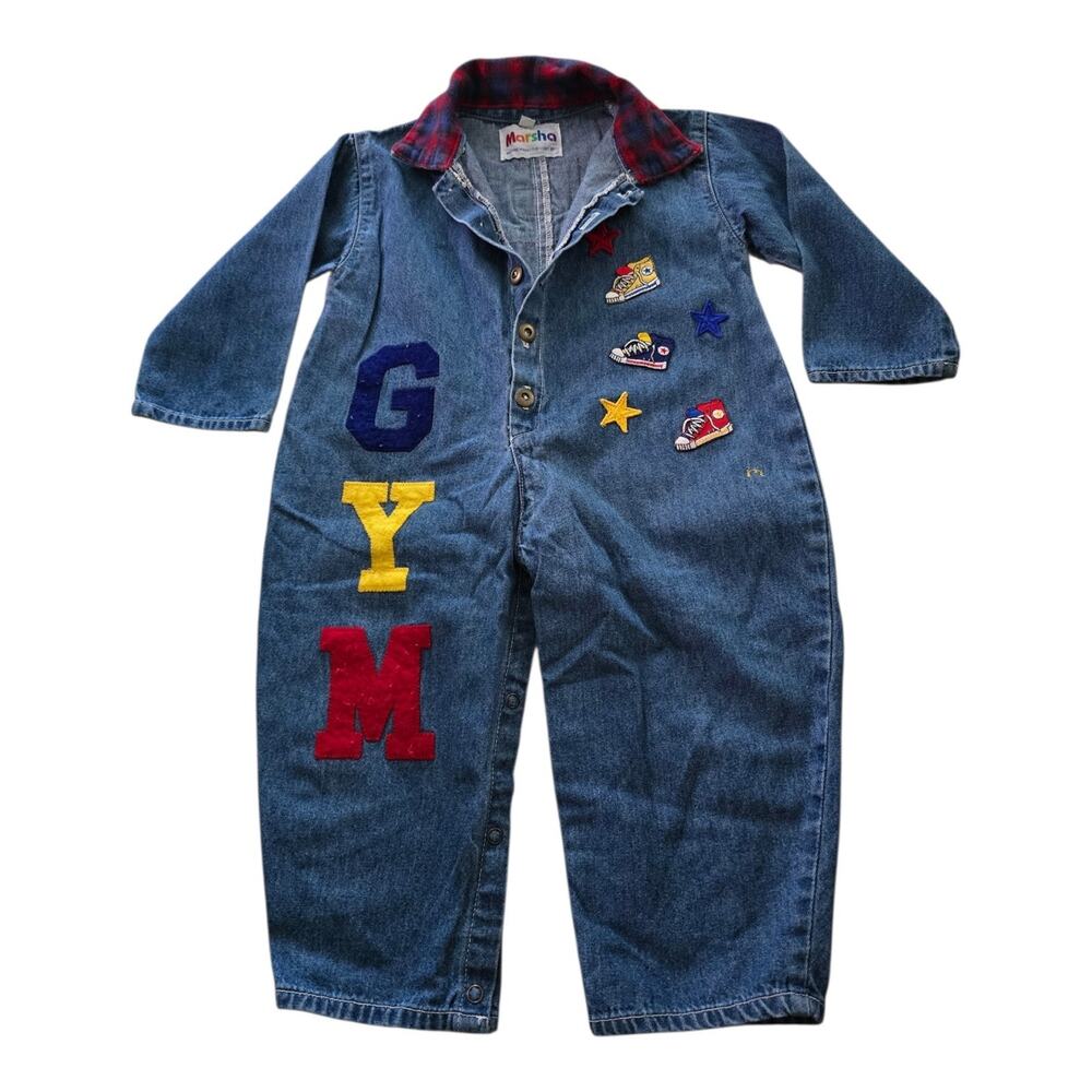 Vintage Denim Romper Marsha SZ 24 Months Gym Converse Shoes Plaid Retro